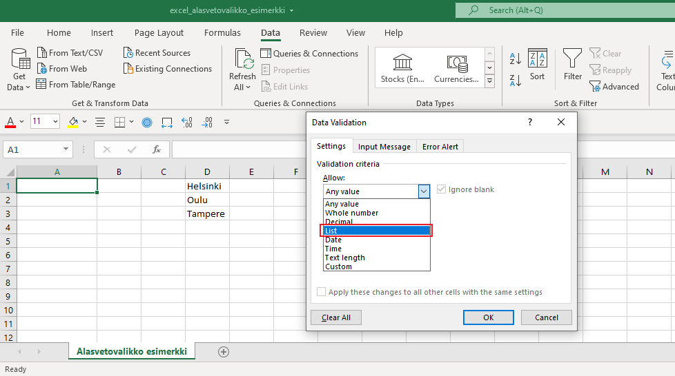 Excel alasvetovalikko ja data validation