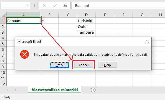 Excel alasvetovalikko väärän arvon lisääminen