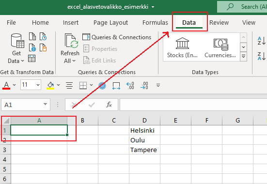 Excel alasvetovalikko